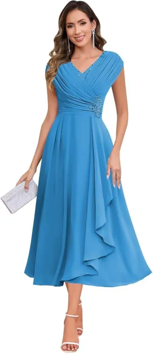 Tea Length Mother of The Bride Dresses for Women A Line V Neck Pleated Chiffon Formal Party Dress