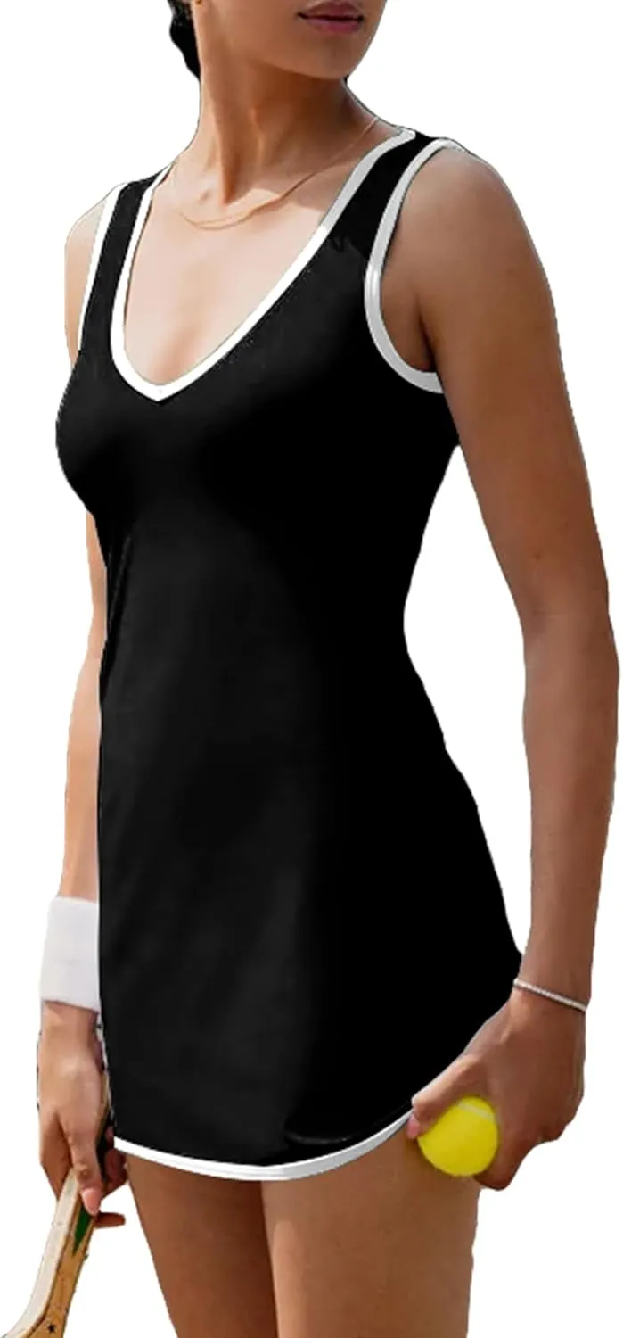 Tennis Dress with Shorts Womens V Neck Athletic Workout Golf Dress Casual Sleeveless Colorblock Dress