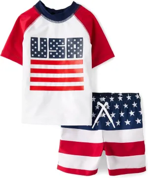 The Children's Place Boys' and Toddler 2-Piece Short Sleeve Rashguard and Swim Trunk