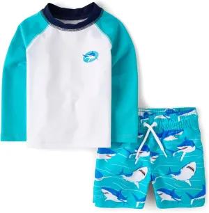 The Children's Place Boys' and Toddler Long Sleeve Rashguard and Swim Trunk 2 Piece Set