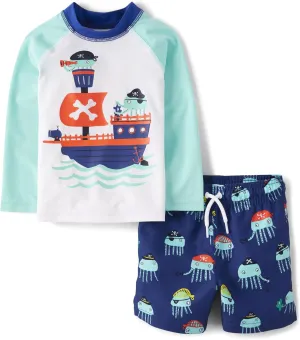 The Children's Place Boys' and Toddler Long Sleeve Rashguard and Swim Trunk 2 Piece Set