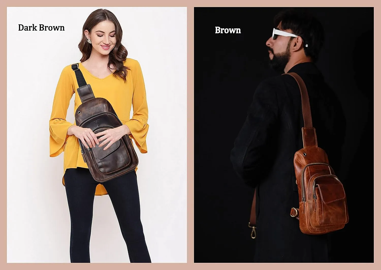 The Tannery Handmade Buffalo Leather Multipurpose Travel Hiking Crossbody Chest Backpack with Adjustable Shoulder Strap (Brown, Large)