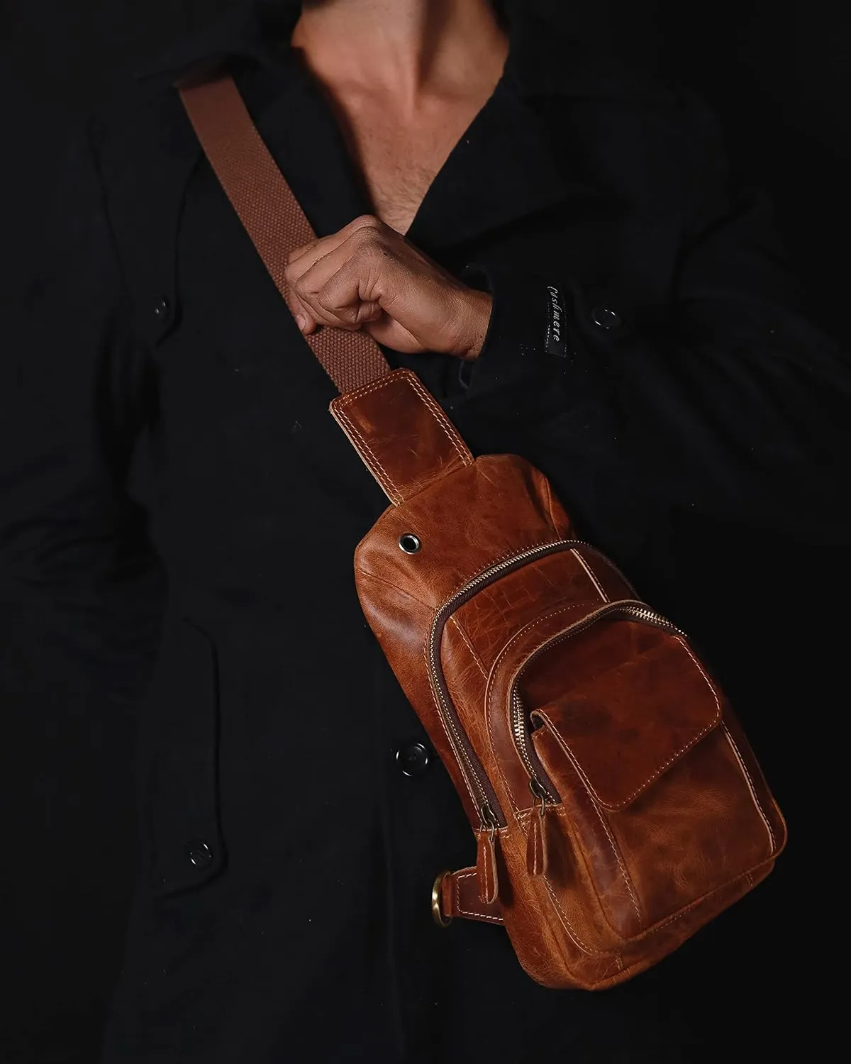 The Tannery Handmade Buffalo Leather Multipurpose Travel Hiking Crossbody Chest Backpack with Adjustable Shoulder Strap (Brown, Large)