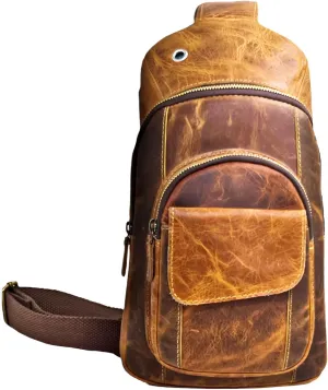 The Tannery Handmade Buffalo Leather Multipurpose Travel Hiking Crossbody Chest Backpack with Adjustable Shoulder Strap (Brown, Large)