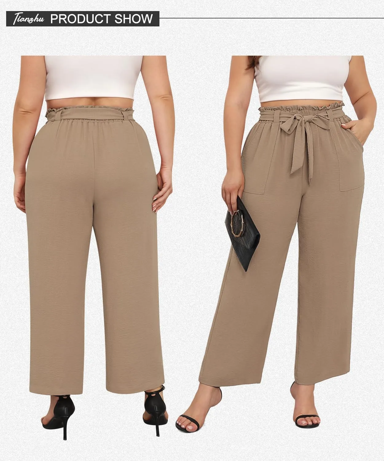 TIANZHU Plus Size Pants for Women - Wide Leg Linen Pants High Waisted Flowy Casual Lounge Trousers with Pockets