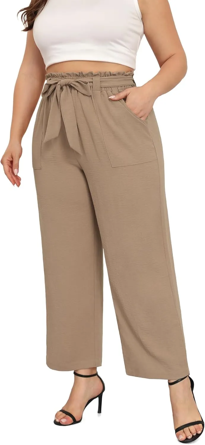 TIANZHU Plus Size Pants for Women - Wide Leg Linen Pants High Waisted Flowy Casual Lounge Trousers with Pockets