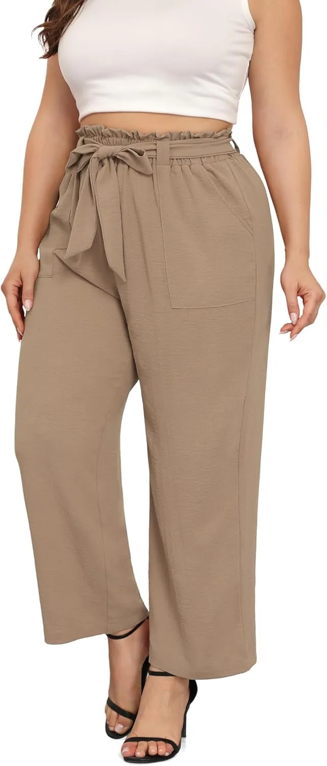 TIANZHU Plus Size Pants for Women - Wide Leg Linen Pants High Waisted Flowy Casual Lounge Trousers with Pockets