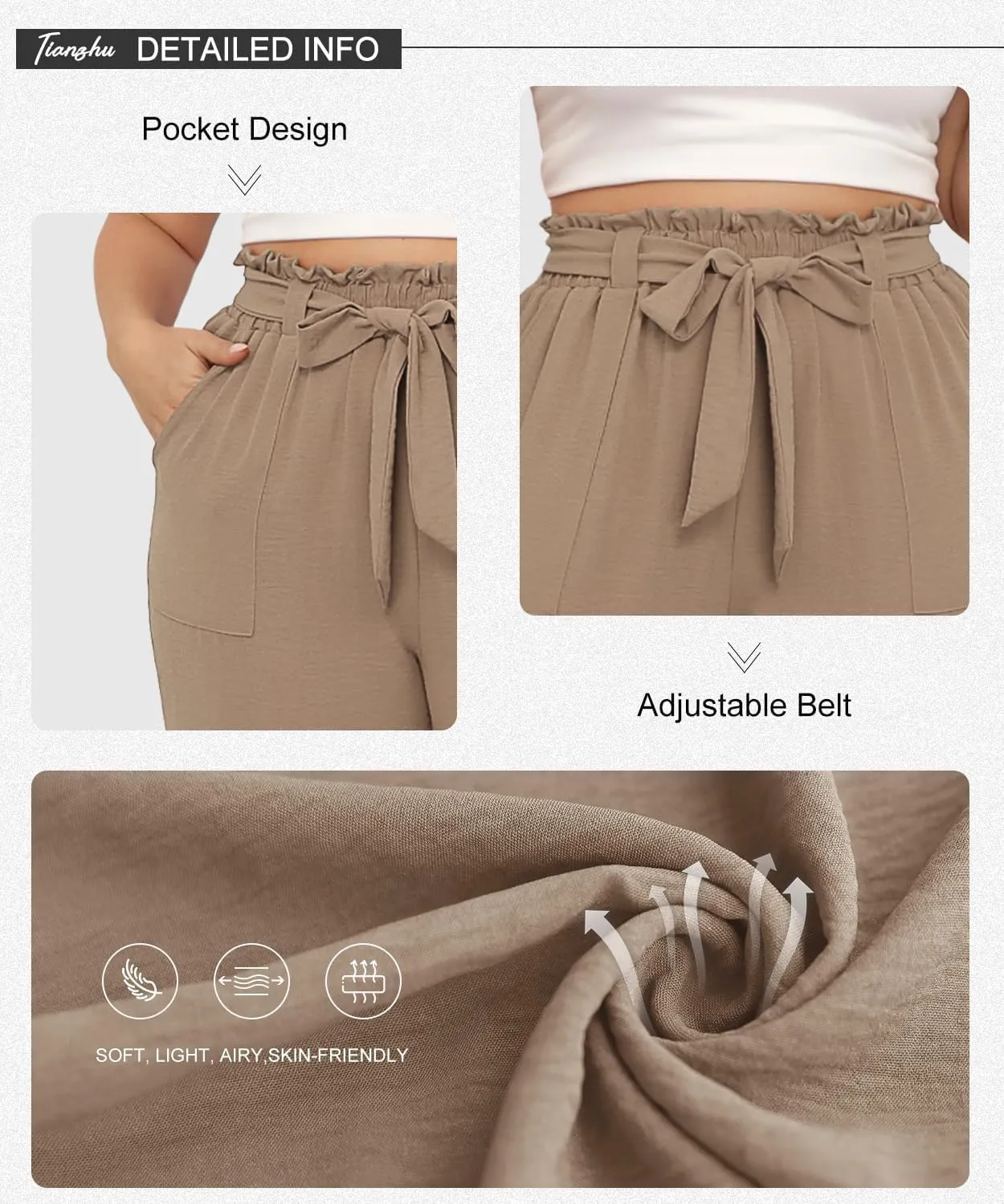 TIANZHU Plus Size Pants for Women - Wide Leg Linen Pants High Waisted Flowy Casual Lounge Trousers with Pockets