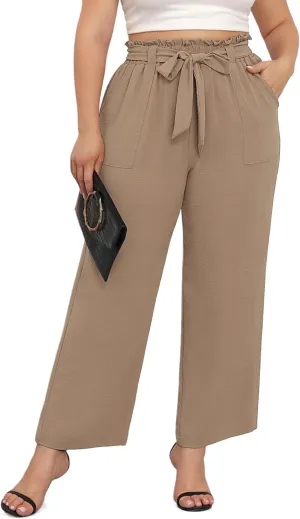 TIANZHU Plus Size Pants for Women - Wide Leg Linen Pants High Waisted Flowy Casual Lounge Trousers with Pockets