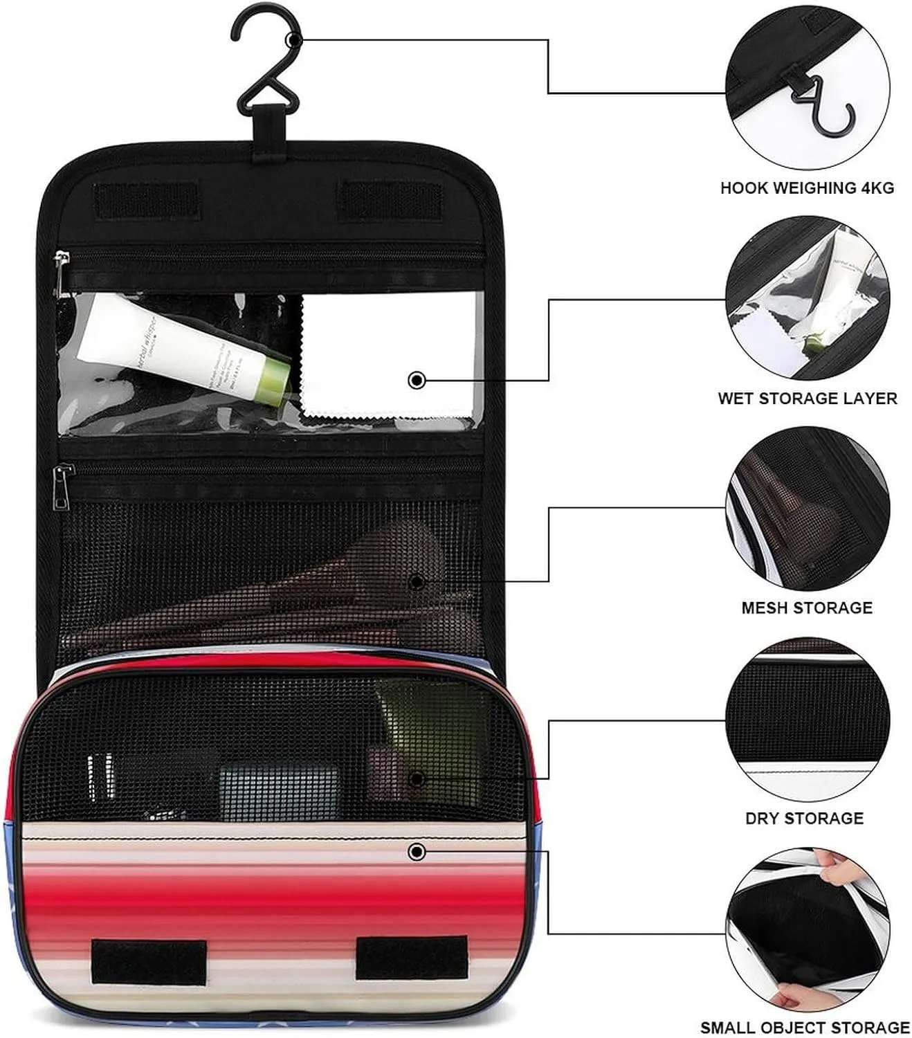 Travel Toiletry Bag Red Blue White American Flag, Portable Makeup Bag with Hanging Hook, Large Capacity Door Room Essentials Travel Organizer for Women Men