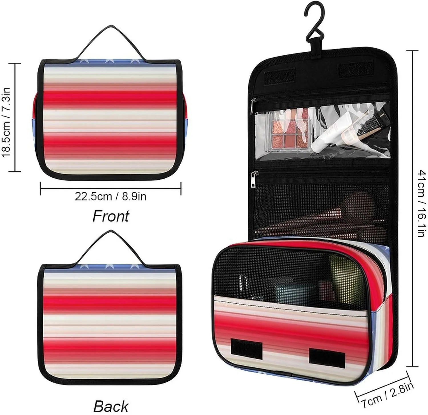 Travel Toiletry Bag Red Blue White American Flag, Portable Makeup Bag with Hanging Hook, Large Capacity Door Room Essentials Travel Organizer for Women Men