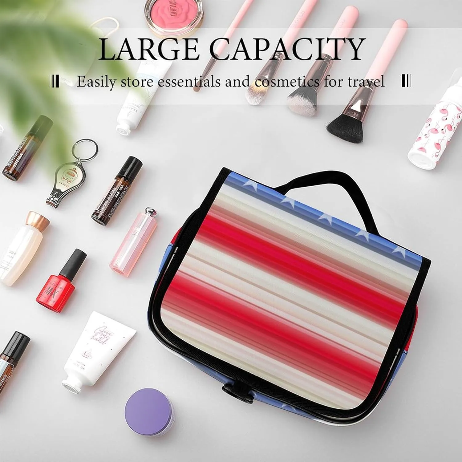 Travel Toiletry Bag Red Blue White American Flag, Portable Makeup Bag with Hanging Hook, Large Capacity Door Room Essentials Travel Organizer for Women Men
