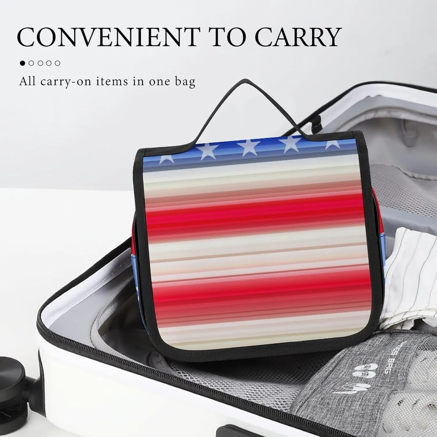 Travel Toiletry Bag Red Blue White American Flag, Portable Makeup Bag with Hanging Hook, Large Capacity Door Room Essentials Travel Organizer for Women Men