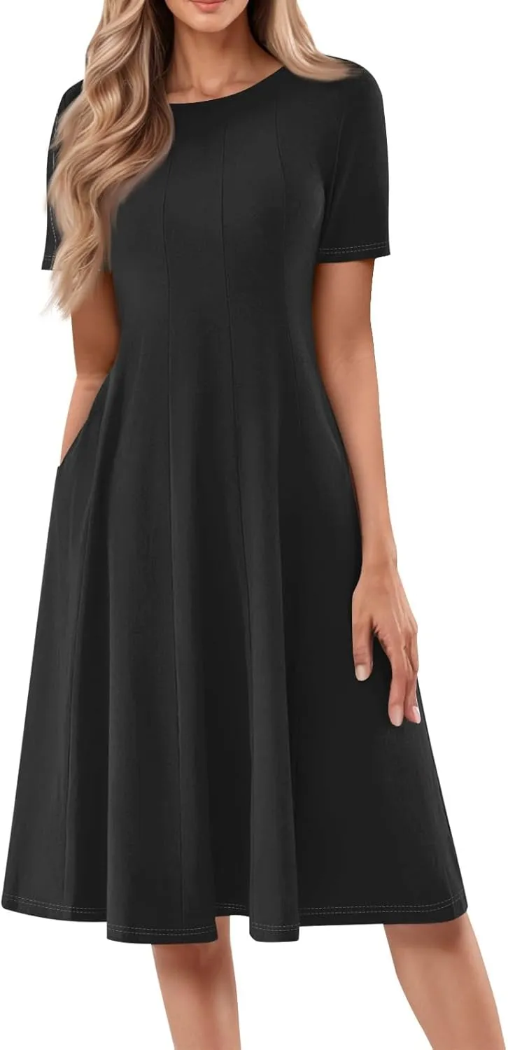 TWGONE Women's Fit and Flare Dress Summer Short Sleeve Casual Elegant Vintage Floral A-Line Midi Dresses with Pockets