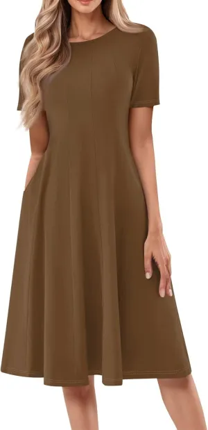 TWGONE Women's Fit and Flare Dress Summer Short Sleeve Casual Elegant Vintage Floral A-Line Midi Dresses with Pockets