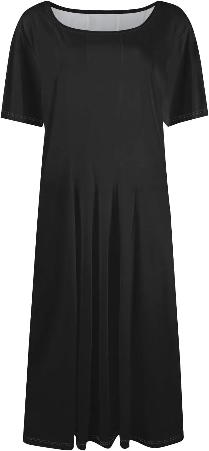 TWGONE Women's Fit and Flare Dress Summer Short Sleeve Casual Elegant Vintage Floral A-Line Midi Dresses with Pockets