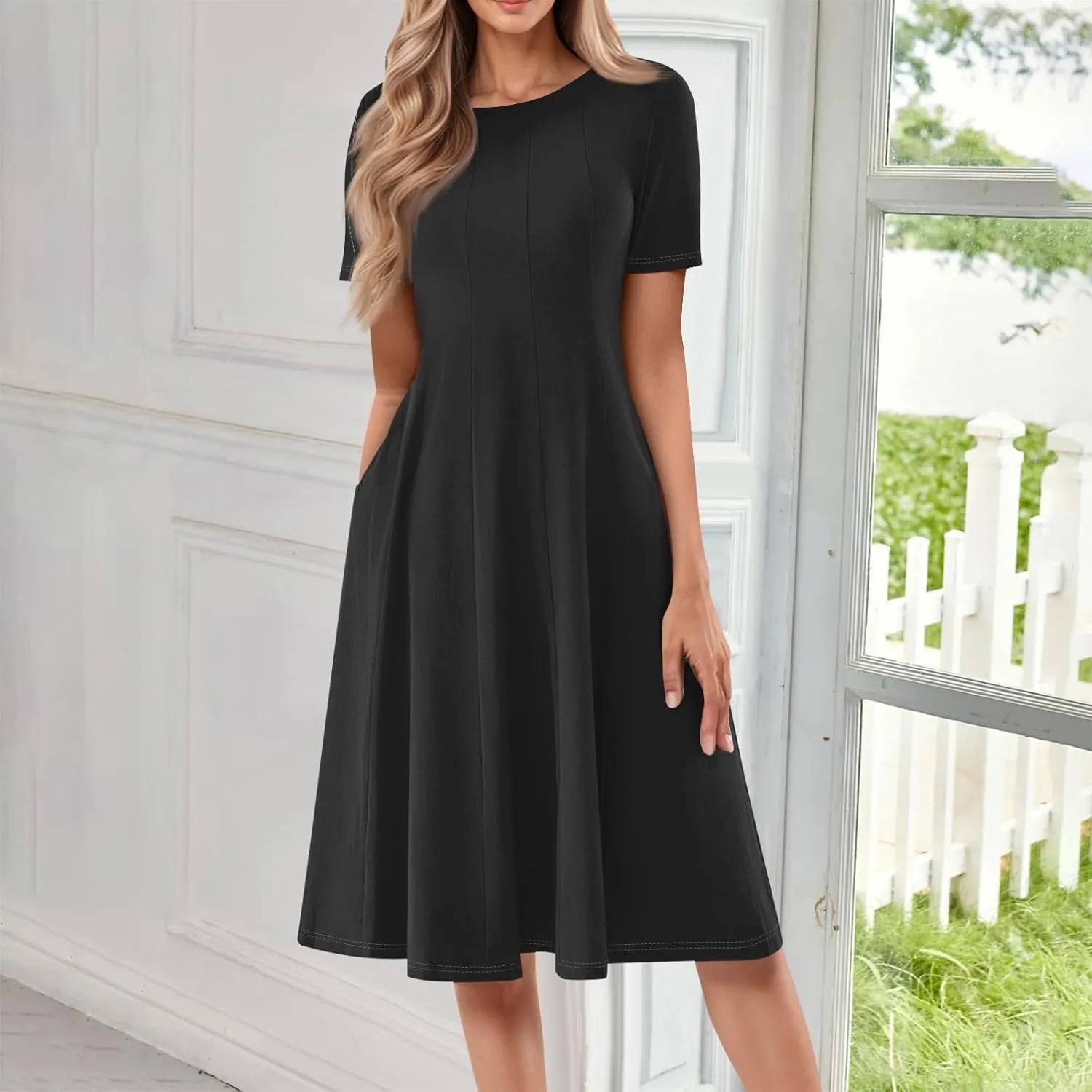 TWGONE Women's Fit and Flare Dress Summer Short Sleeve Casual Elegant Vintage Floral A-Line Midi Dresses with Pockets