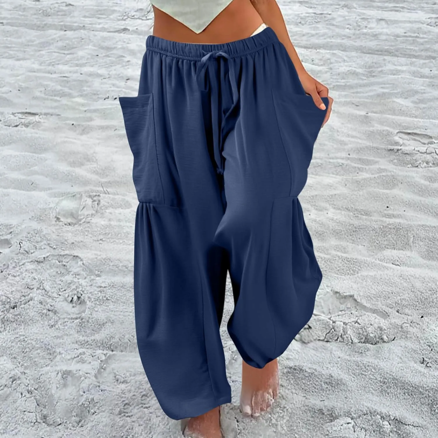 TWGONE Women's Palazzo Pants Wide Leg Loose High Waist Flowy Lounge Pants Beach Drawstring Slacks with Pockets