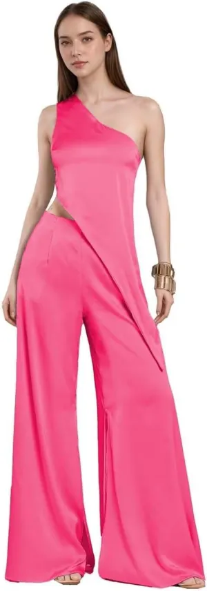 Two Piece Sets for Women Summer Outfits One Shoulder Casual Pantsuit Satin Formal Gowns
