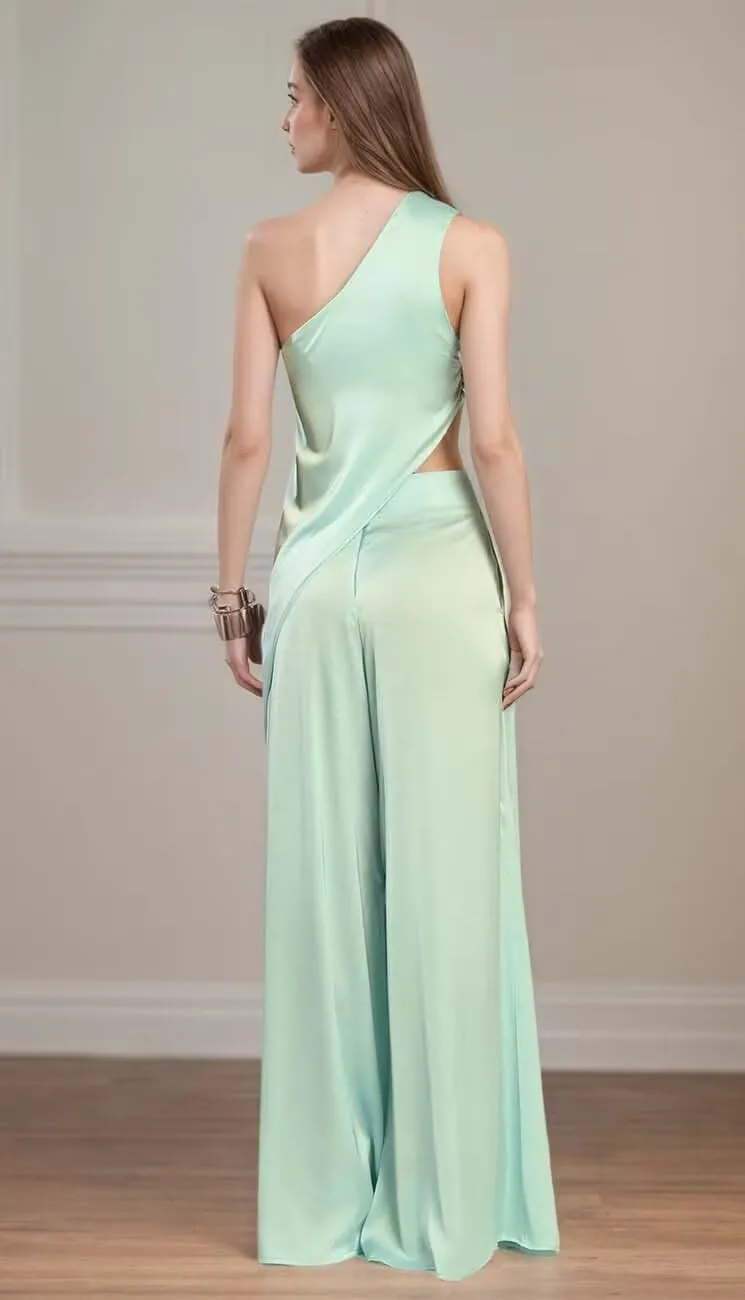 Two Piece Sets for Women Summer Outfits One Shoulder Casual Pantsuit Satin Formal Gowns