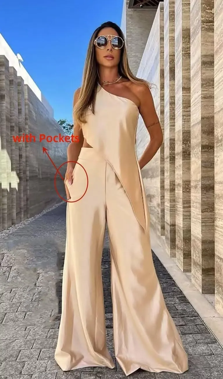 Two Piece Sets for Women Summer Outfits One Shoulder Casual Pantsuit Satin Formal Gowns