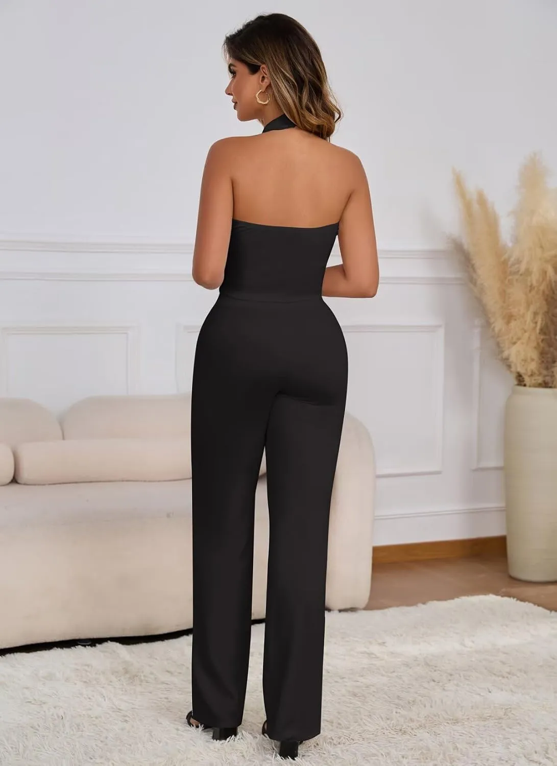 Two Piece Sets for Women Summer V Neck Button Down Sleeveless Halter Vest Tops Wide Leg Pants Sets Matching Sets