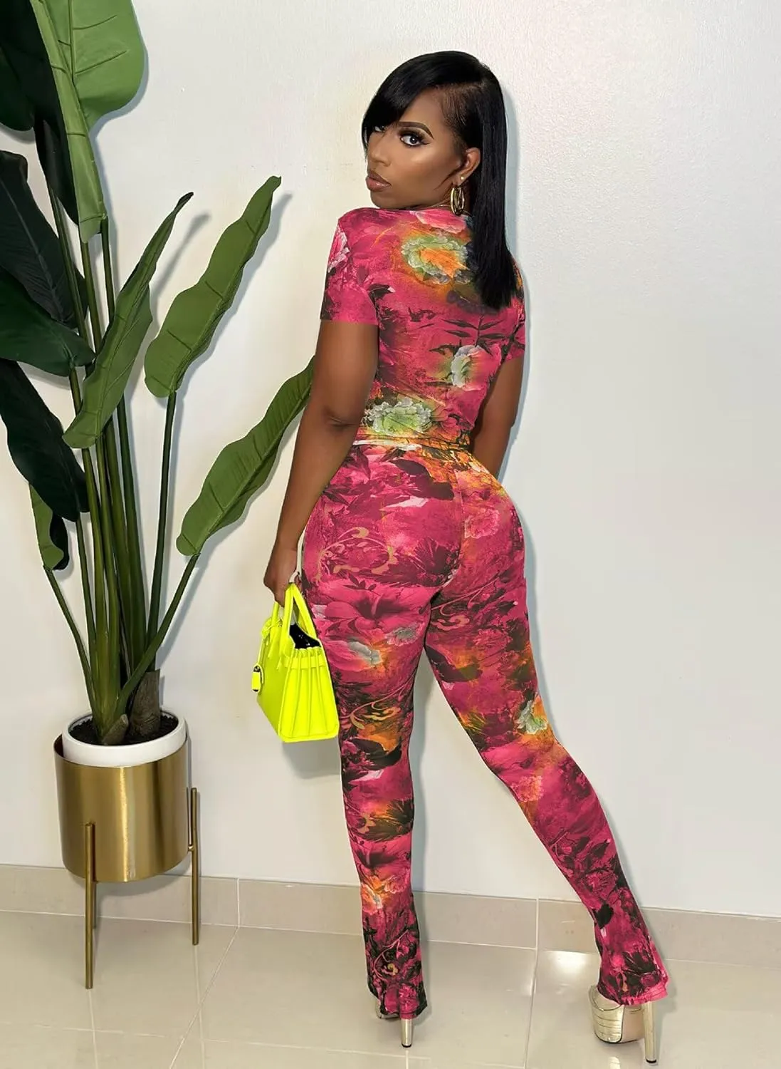 Uni Clau Sexy Two Piece Outfits for Women Short Sleeve Floral Printed Mesh Bodycon Flared Pants Sets Matching Sets Jumpsuit