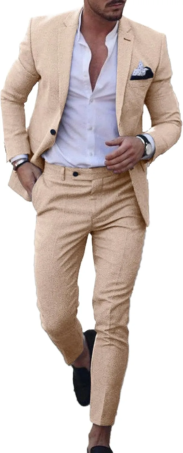 UNINUKOO Mens 2 Piece Suit Linen Summer Top Blazer Pants Sets Beach Wedding Wear Vacation Prom Suits for Men