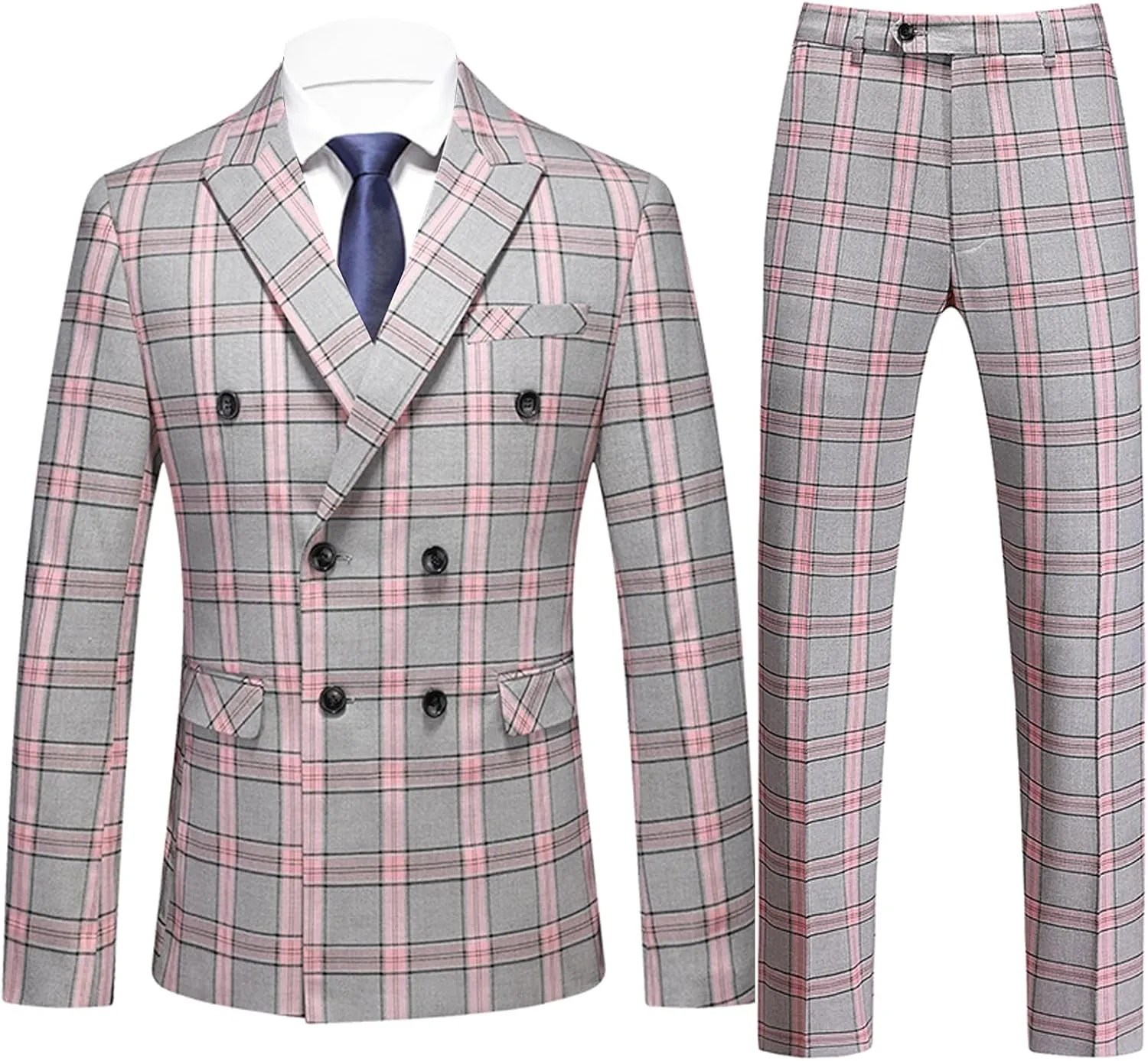 UNINUKOO Men's Suits 2 Piece Plaid Double Breasted Slim Fit Checkered Wedding Casual Homecoming Tuxedo Jacket Dress Pants Set