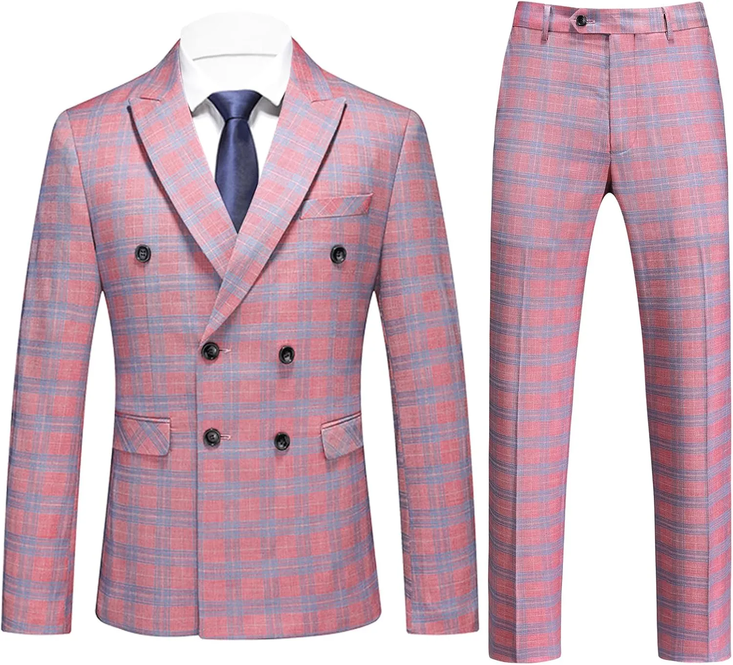 UNINUKOO Men's Suits 2 Piece Plaid Double Breasted Slim Fit Checkered Wedding Casual Homecoming Tuxedo Jacket Dress Pants Set