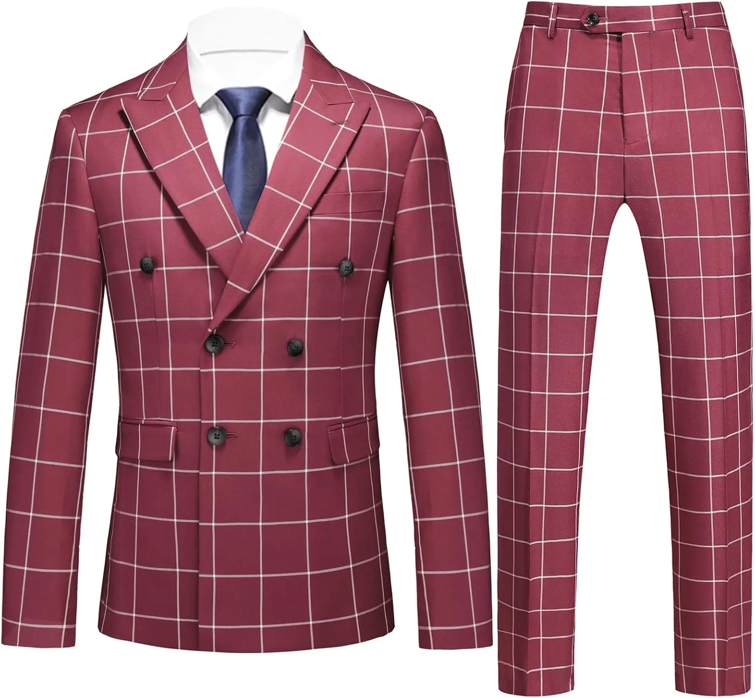 UNINUKOO Men's Suits 2 Piece Plaid Double Breasted Slim Fit Checkered Wedding Casual Homecoming Tuxedo Jacket Dress Pants Set