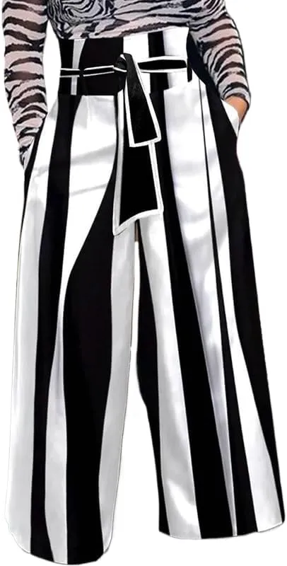 UOOZEE Women's 2024 Summer Wide Leg Palazzo Pants with Pockets Trendy Casual Striped Trousers
