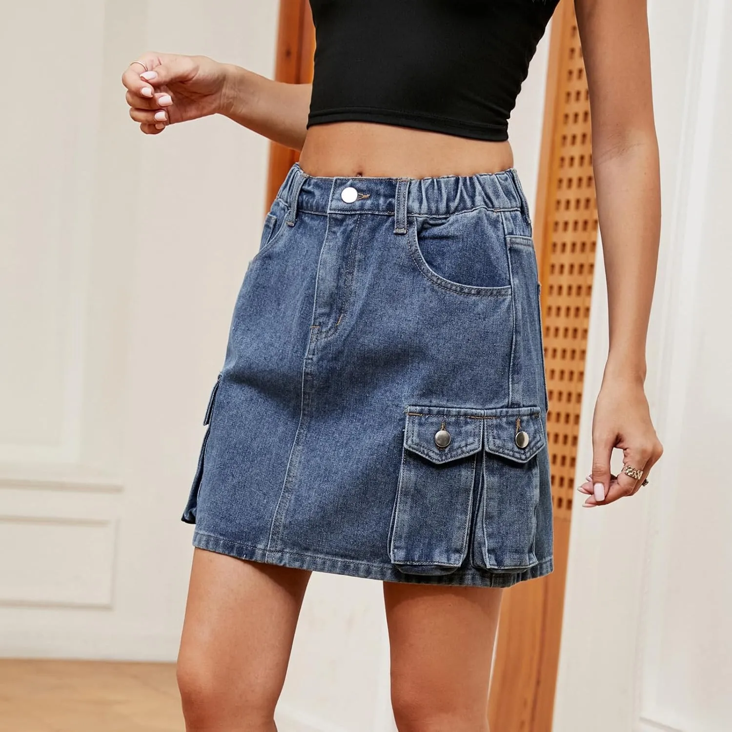 utcoco Women Cargo Mini Jean Skirts 2024 Trendy Multiple Pockets High Waisted Short Denim Skirt