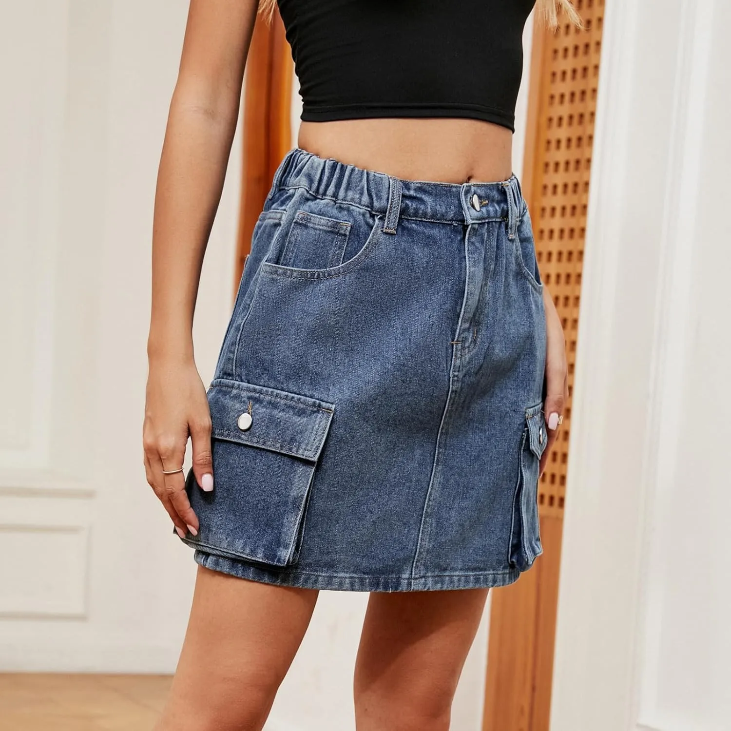 utcoco Women Cargo Mini Jean Skirts 2024 Trendy Multiple Pockets High Waisted Short Denim Skirt