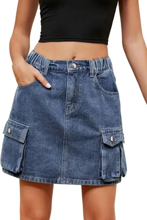 utcoco Women Cargo Mini Jean Skirts 2024 Trendy Multiple Pockets High Waisted Short Denim Skirt