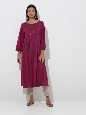 Utsa Wine Mirror Embroidered Fit-and-Flare Cotton Kurta