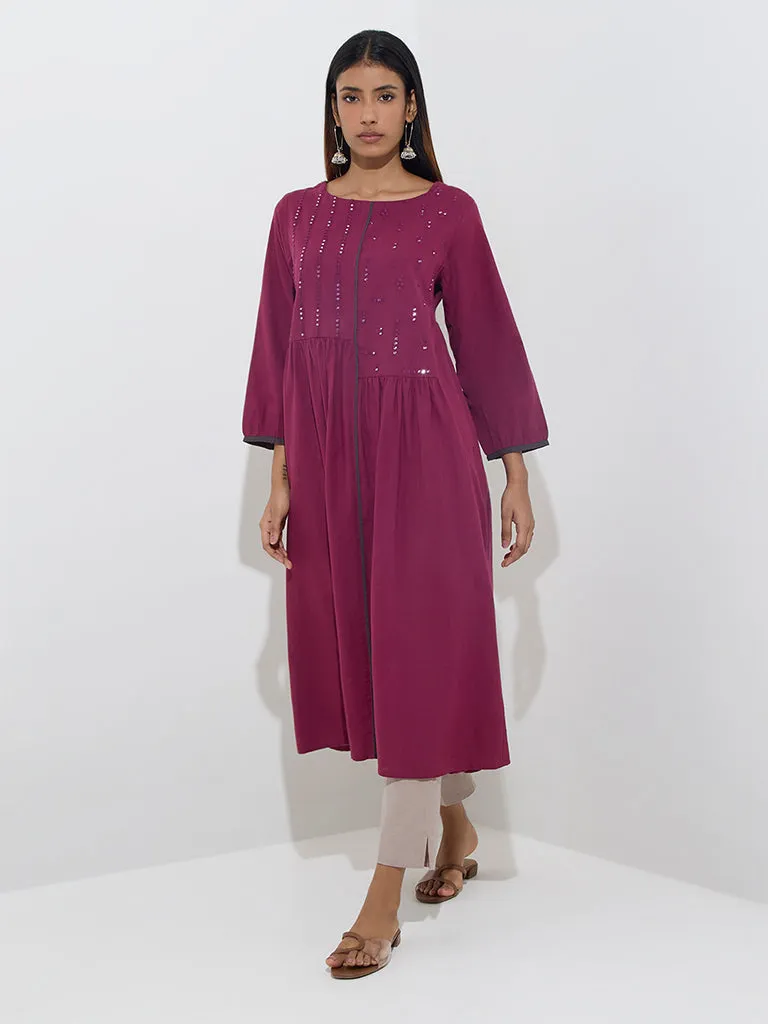 Utsa Wine Mirror Embroidered Fit-and-Flare Cotton Kurta