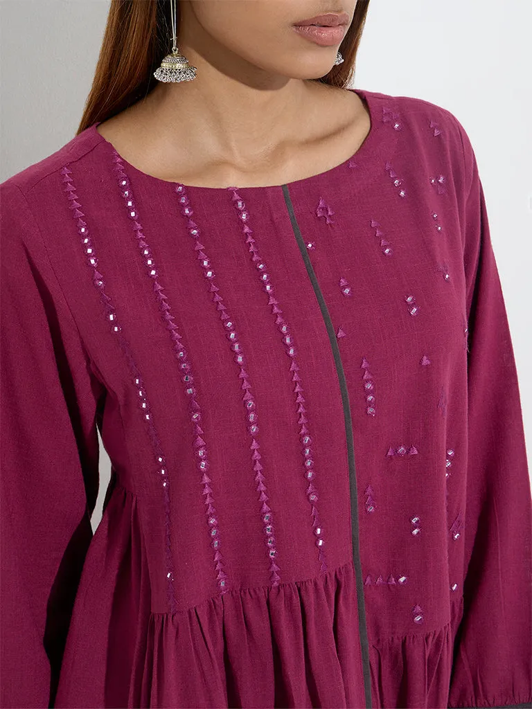 Utsa Wine Mirror Embroidered Fit-and-Flare Cotton Kurta