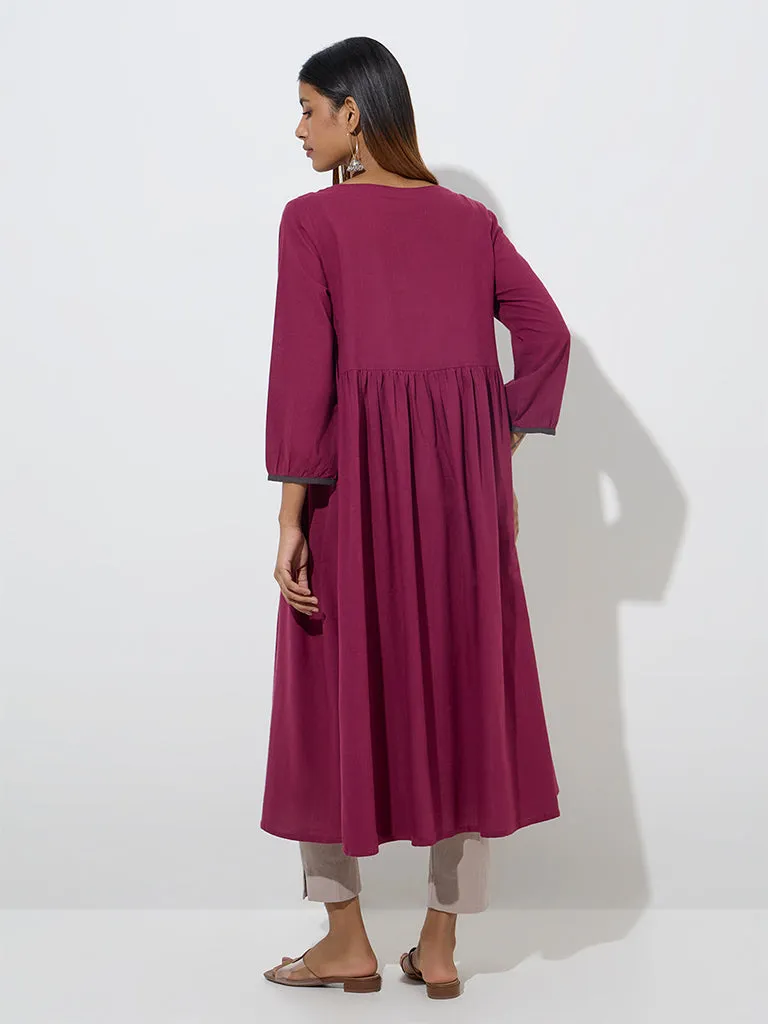 Utsa Wine Mirror Embroidered Fit-and-Flare Cotton Kurta