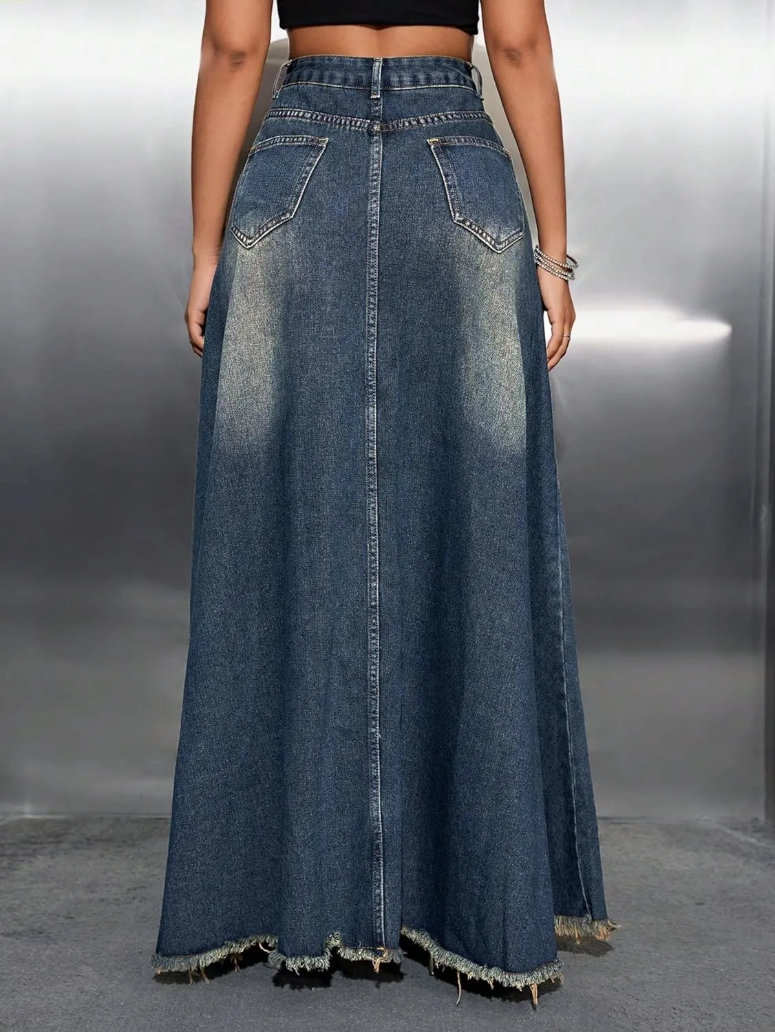 VCM Y2k Skirt Denim Skirt Women Maxi Skirt with Pockets A-Line Skirt High Waisted Skirt Jean Skirts Hem Flared Skirts