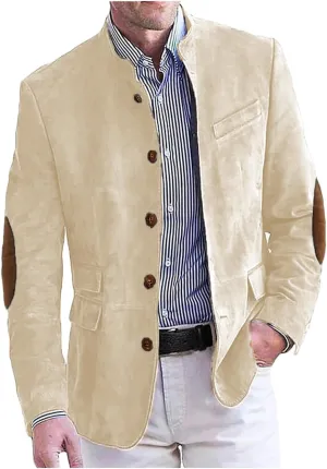 VENNYNG Men's Faux Suede Blazer Jacket with Eblow Path Sport Coat Casual Single Breasted Five Buttons