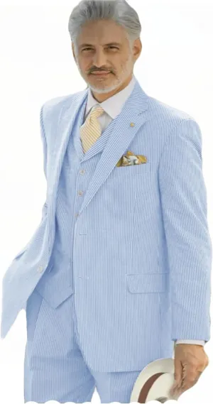VENNYNG Men's Seersucker Suits Summer Lightweight Horse Race Wedding 3 Piece Jacket Vest Pant Set
