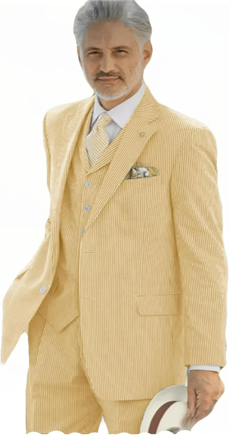 VENNYNG Men's Seersucker Suits Summer Lightweight Horse Race Wedding 3 Piece Jacket Vest Pant Set