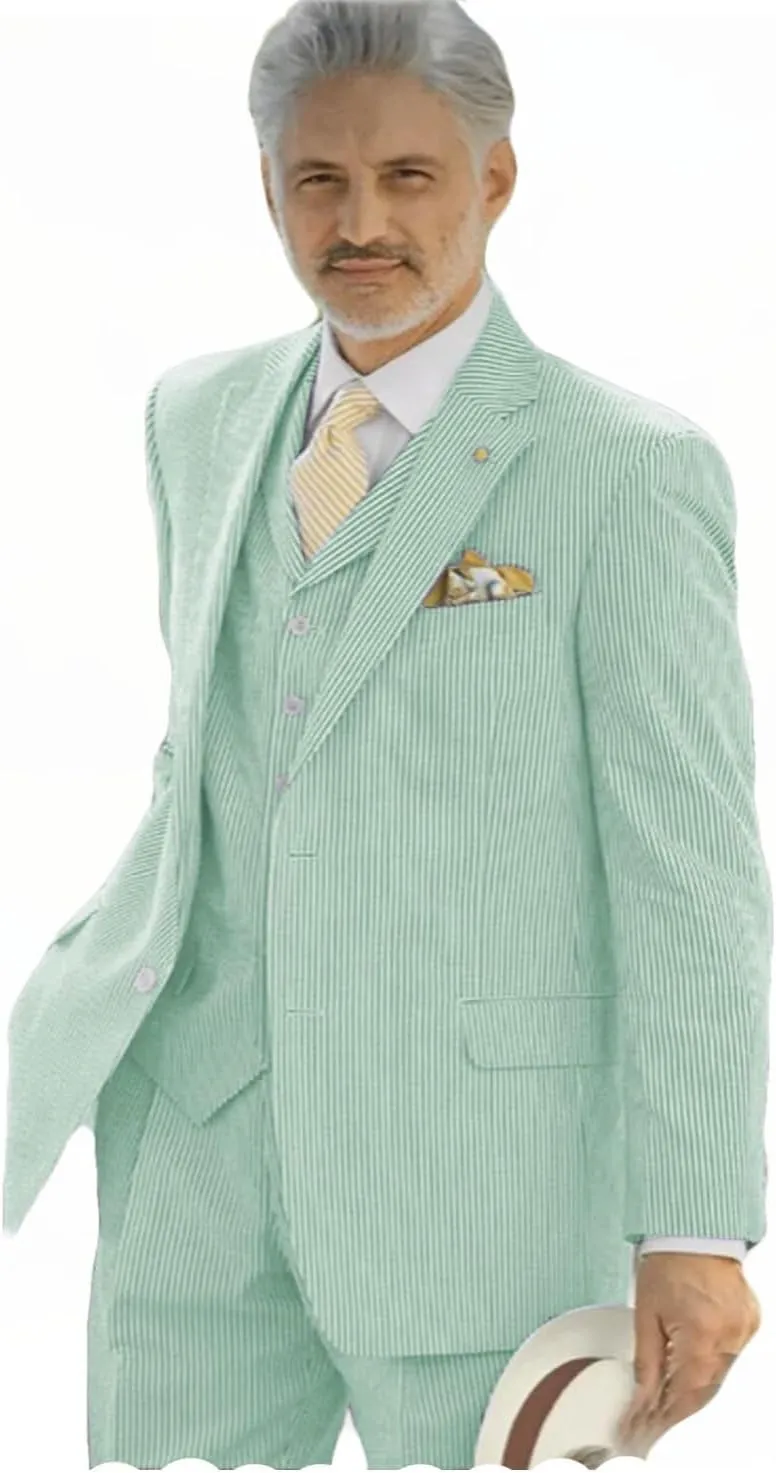 VENNYNG Men's Seersucker Suits Summer Lightweight Horse Race Wedding 3 Piece Jacket Vest Pant Set