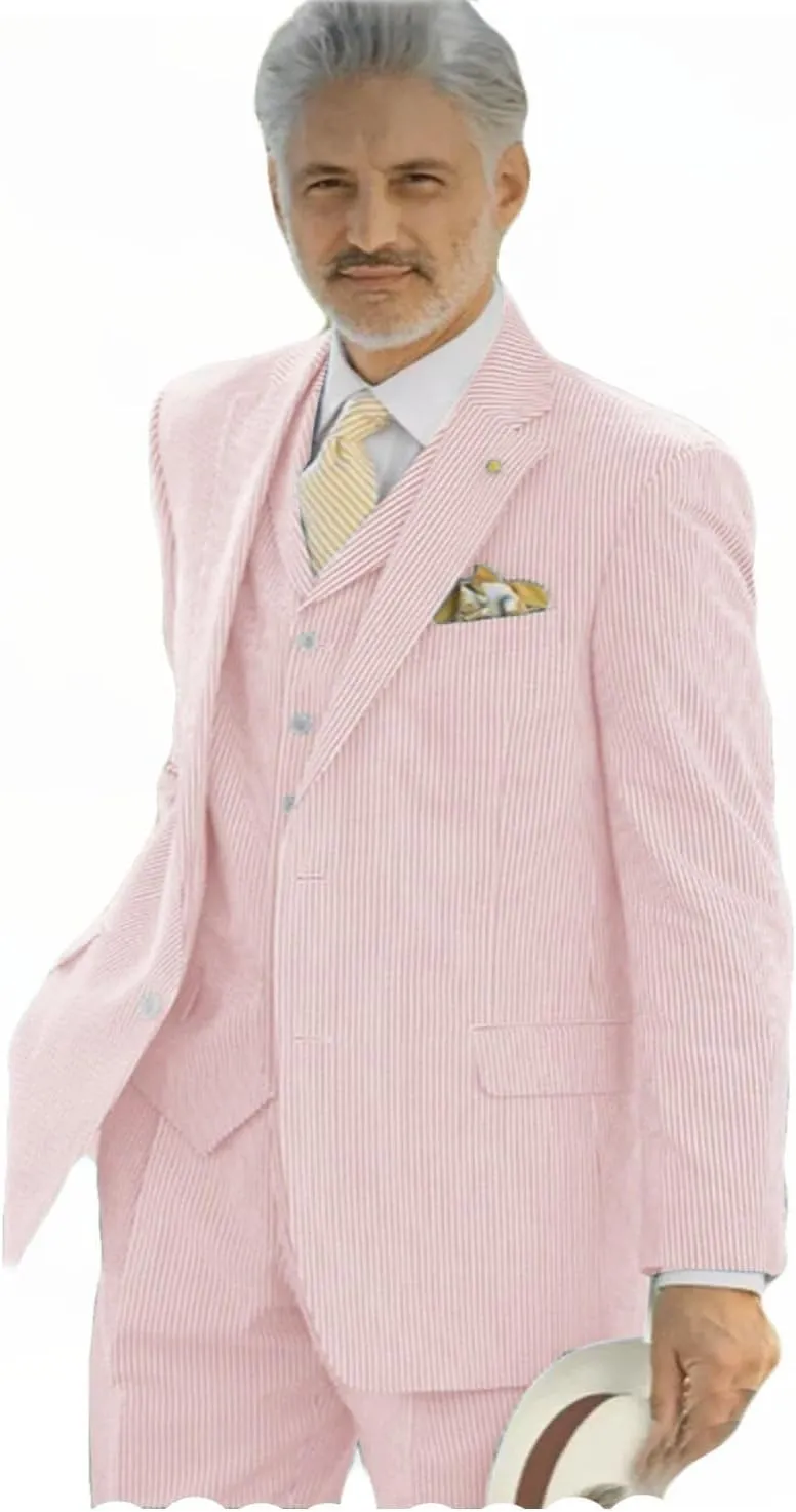 VENNYNG Men's Seersucker Suits Summer Lightweight Horse Race Wedding 3 Piece Jacket Vest Pant Set