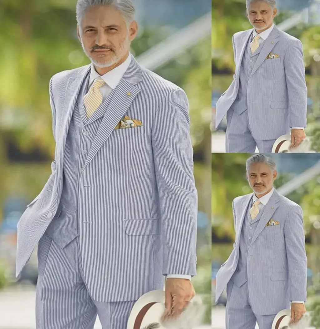 VENNYNG Men's Seersucker Suits Summer Lightweight Horse Race Wedding 3 Piece Jacket Vest Pant Set