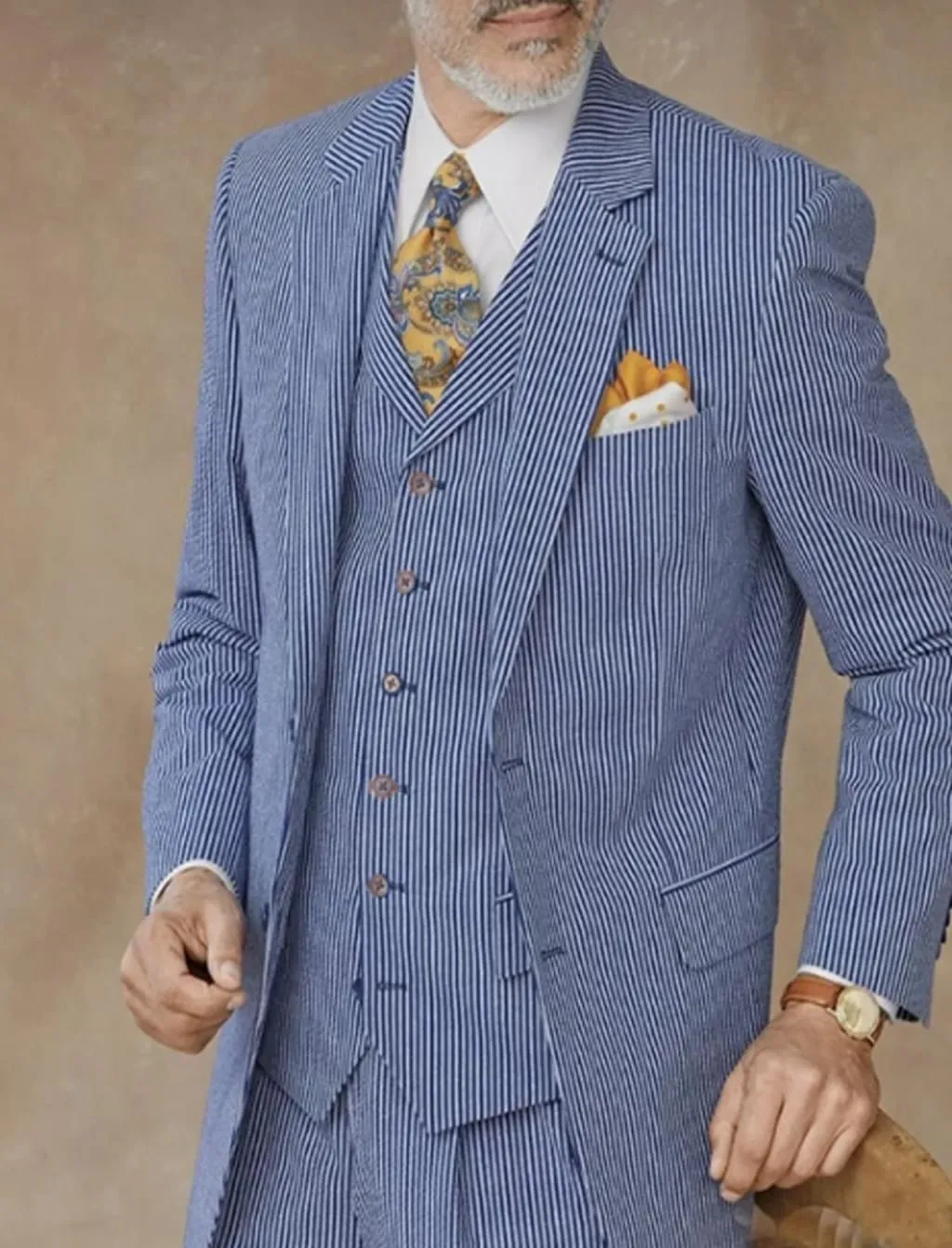 VENNYNG Men's Seersucker Suits Summer Lightweight Horse Race Wedding 3 Piece Jacket Vest Pant Set