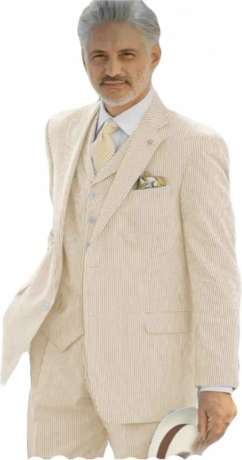 VENNYNG Men's Seersucker Suits Summer Lightweight Horse Race Wedding 3 Piece Jacket Vest Pant Set
