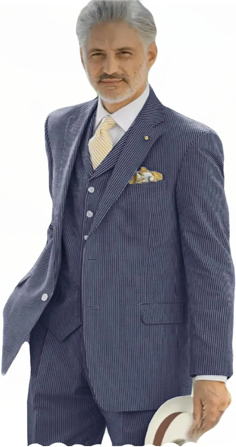 VENNYNG Men's Seersucker Suits Summer Lightweight Horse Race Wedding 3 Piece Jacket Vest Pant Set