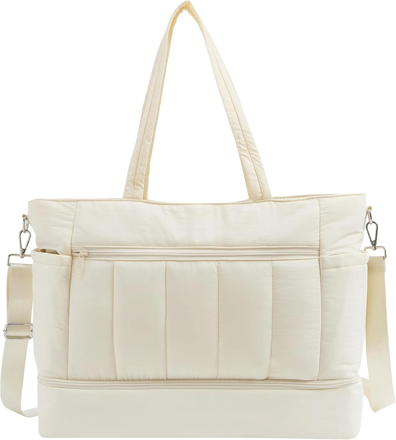 Weekender Bags for Women, Large Capacity Carry On Duffle Bag with Shoe Compartment & Wet Pocket - TSA-Approved Personal Item Bag for Air Travel, Gym, Hospital, Water-Resistant Puffer Tote (Beige)
